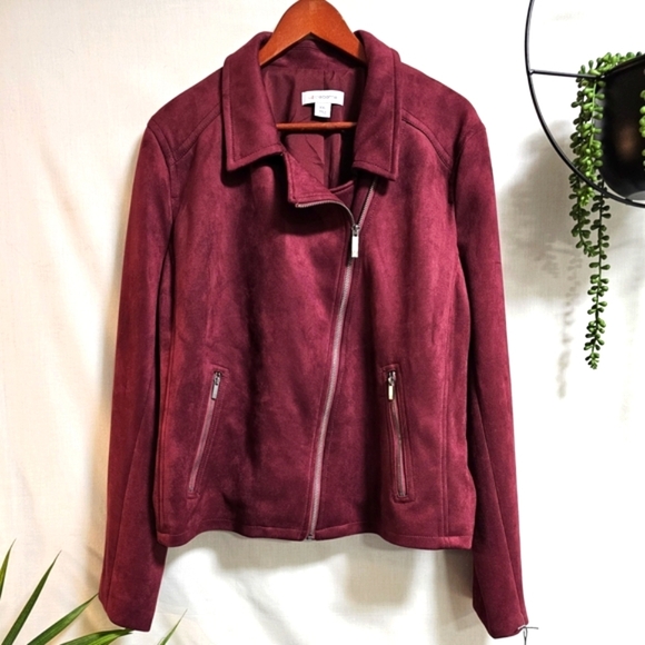 Liz Claiborne Faux Suede Moto Jacket Burgundy Passion | XXL - Picture 2 of 3